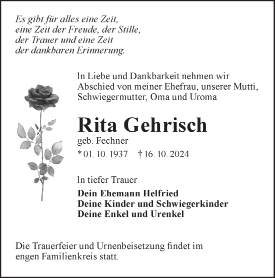 Traueranzeige von Rita Gehrisch von Lausitzer Rundschau