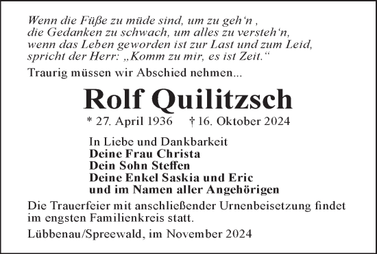 Traueranzeige von Rolf Quilitzsch von Lausitzer Rundschau