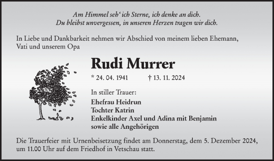 Traueranzeige von Rudi Murrer von Lausitzer Rundschau