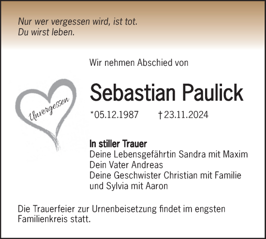 Traueranzeige von Sebastian Paulick von Lausitzer Rundschau