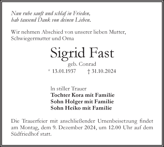 Traueranzeige von Sigrid Fast von Lausitzer Rundschau