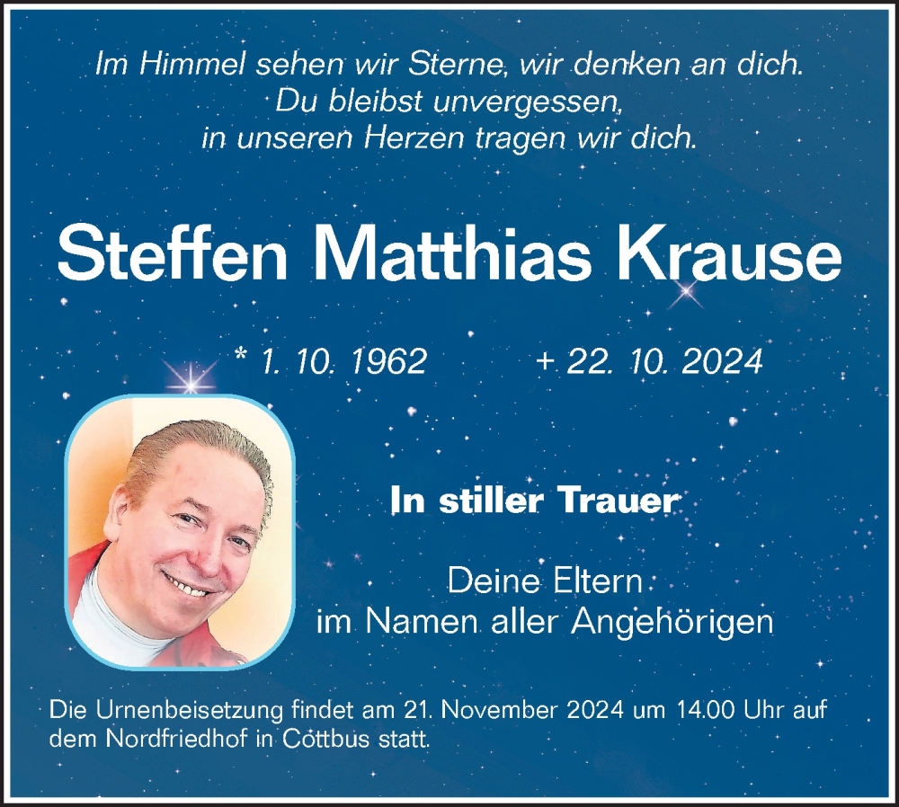  Traueranzeige für Steffen Krause vom 09.11.2024 aus Lausitzer Rundschau