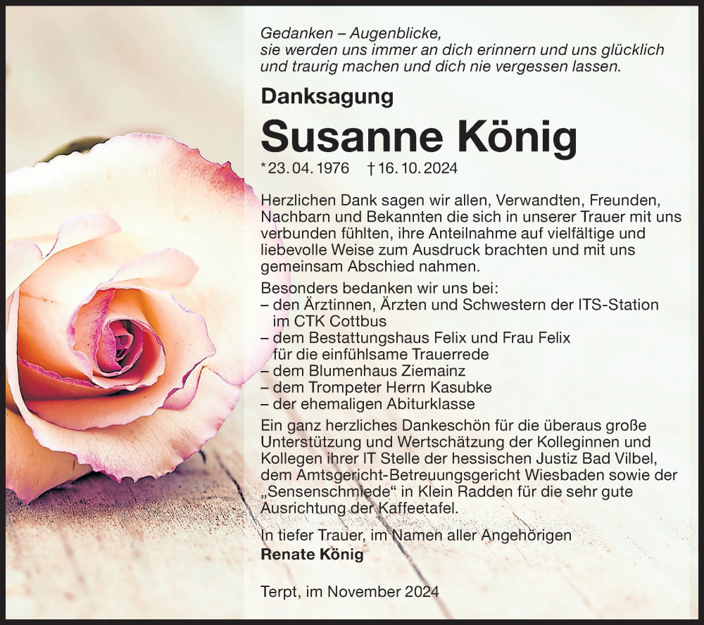  Traueranzeige für Susanne König vom 23.11.2024 aus Lausitzer Rundschau