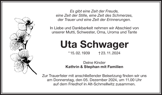 Traueranzeige von Uta Schwager von Lausitzer Rundschau