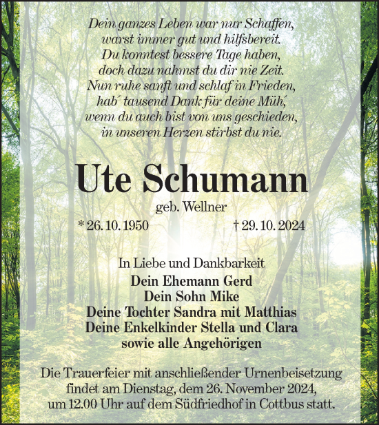 Traueranzeige von Ute Schumann von Lausitzer Rundschau