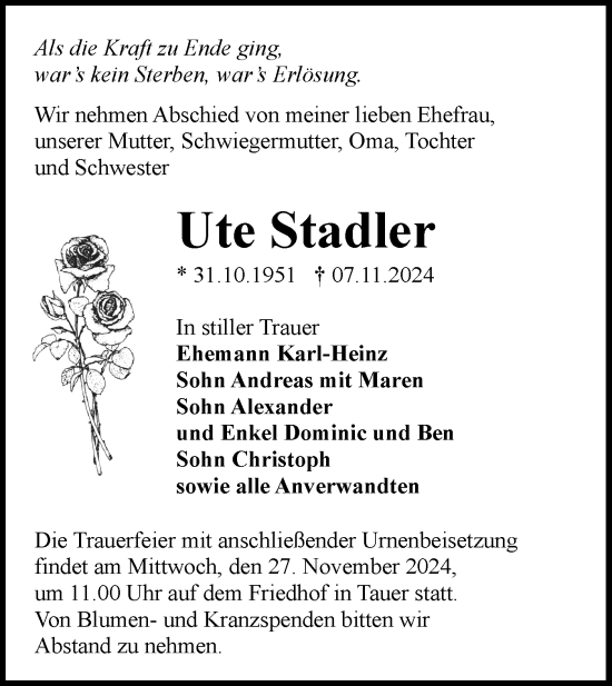 Traueranzeige von Ute Stadler von Lausitzer Rundschau