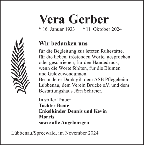 Traueranzeige von Vera Gerber von Lausitzer Rundschau