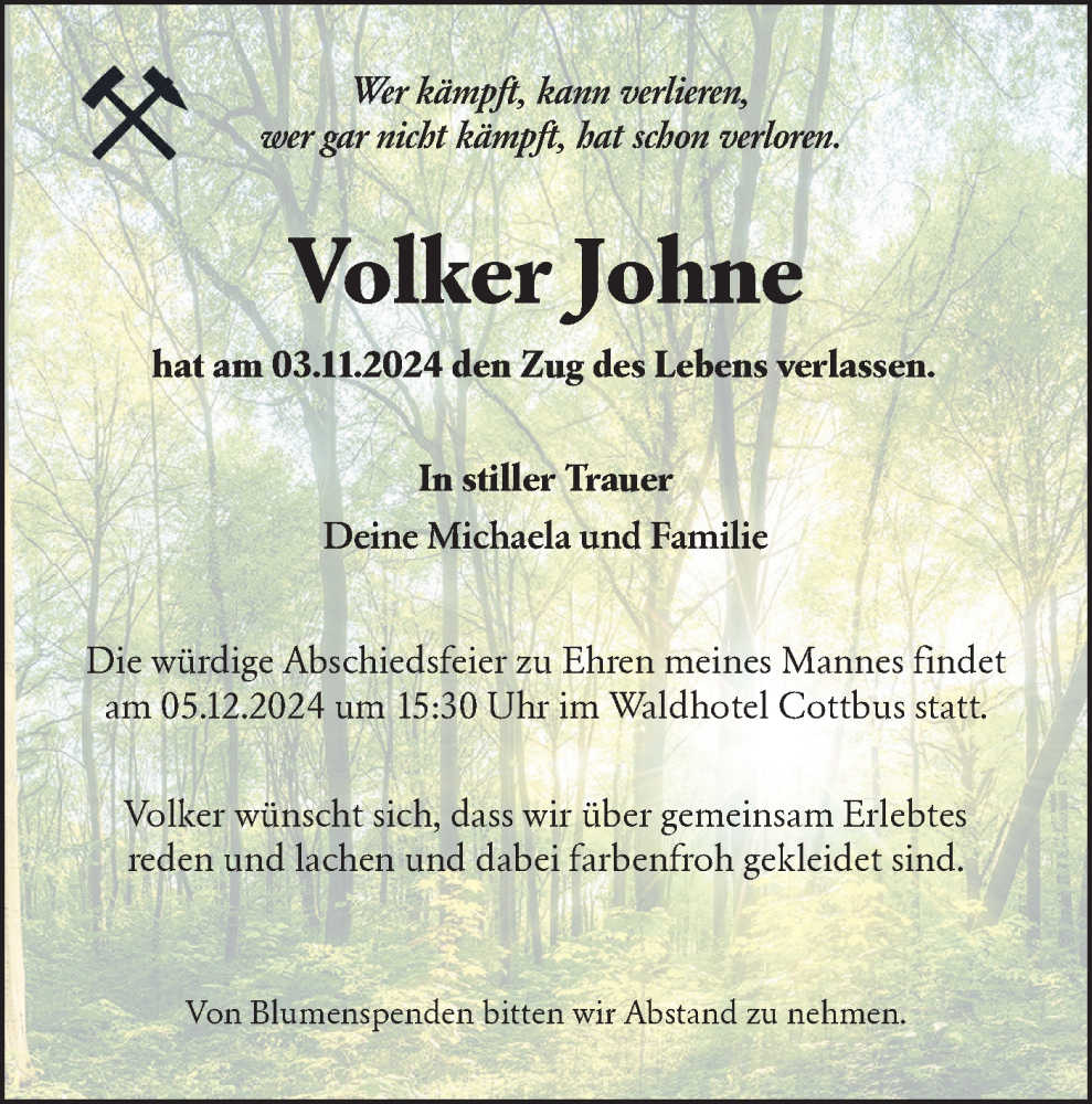  Traueranzeige für Volker Johne vom 09.11.2024 aus Lausitzer Rundschau