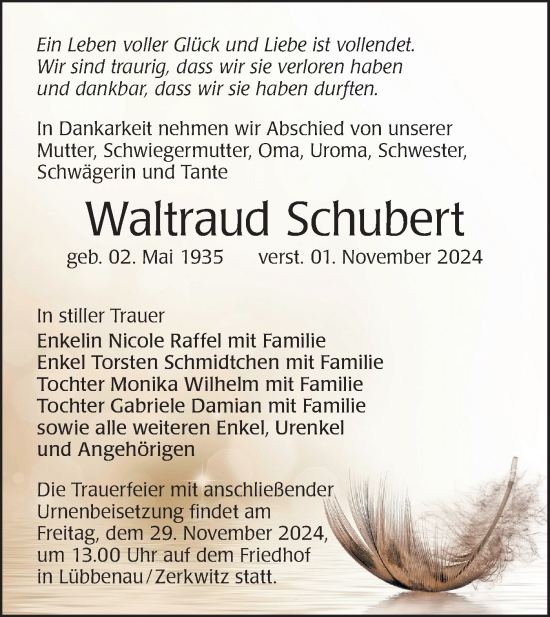 Traueranzeige von Waltraud Schubert von Lausitzer Rundschau