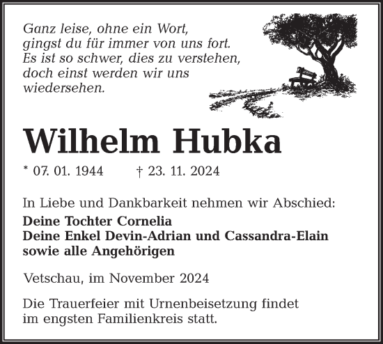 Traueranzeige von Wilhelm Hubka von Lausitzer Rundschau