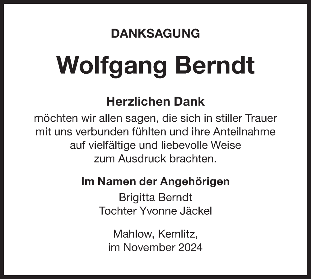  Traueranzeige für Wolfgang Berndt vom 23.11.2024 aus Lausitzer Rundschau