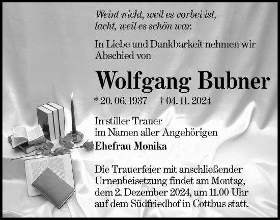 Traueranzeige von Wolfgang Bubner von Lausitzer Rundschau