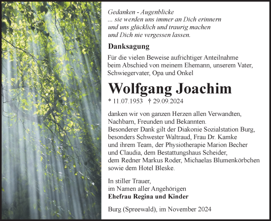 Traueranzeige von Wolfgang Joachim von Lausitzer Rundschau