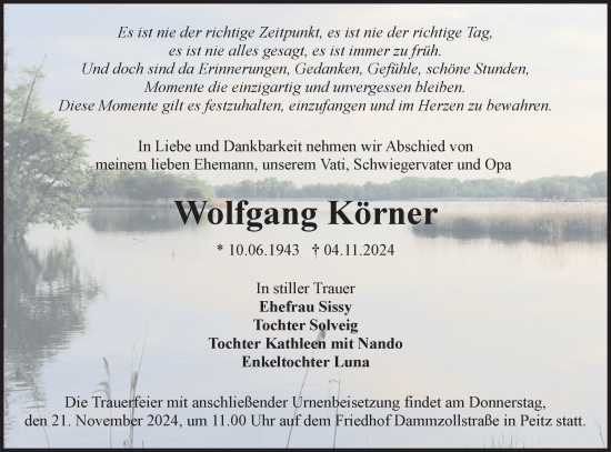 Traueranzeige von Wolfgang Körner von Lausitzer Rundschau