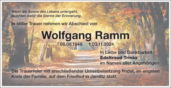 Traueranzeige von Wolfgang Ramm von Lausitzer Rundschau