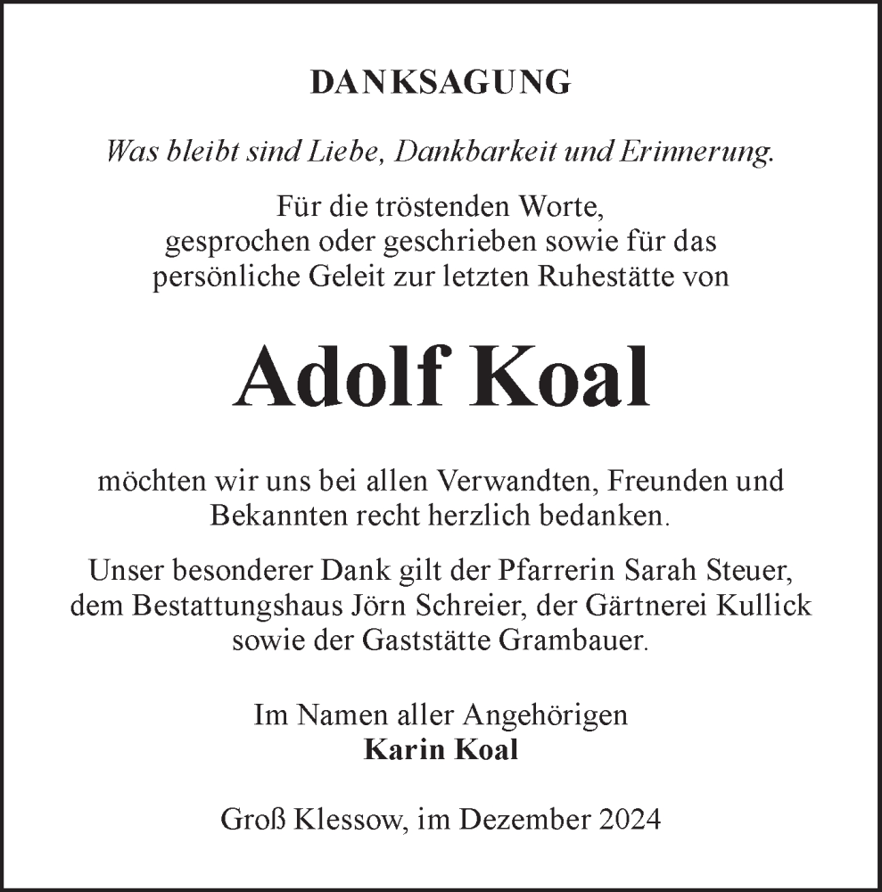  Traueranzeige für Adolf Koal vom 14.12.2024 aus Lausitzer Rundschau