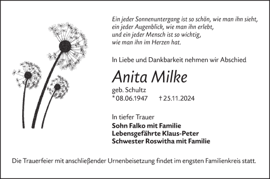 Traueranzeige von Anita Milke von Lausitzer Rundschau