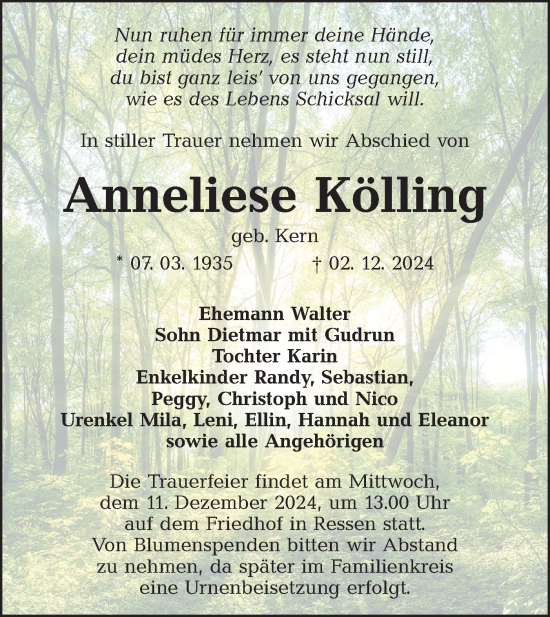 Traueranzeige von Anneliese Kölling von Lausitzer Rundschau