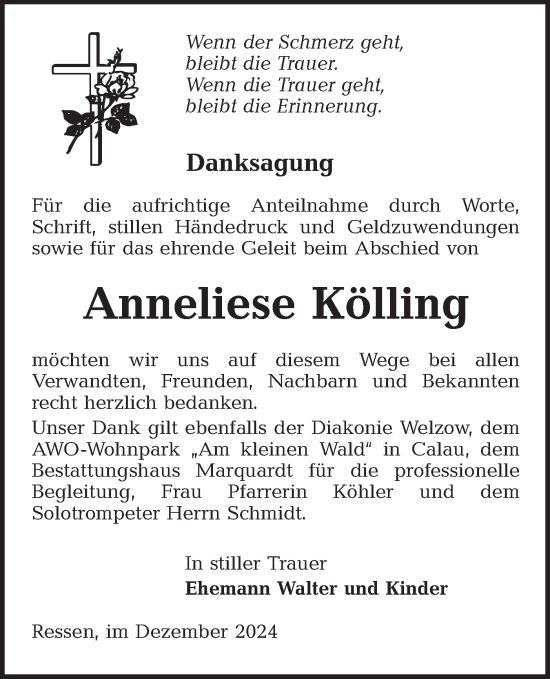 Traueranzeige von Anneliese Kölling von Lausitzer Rundschau