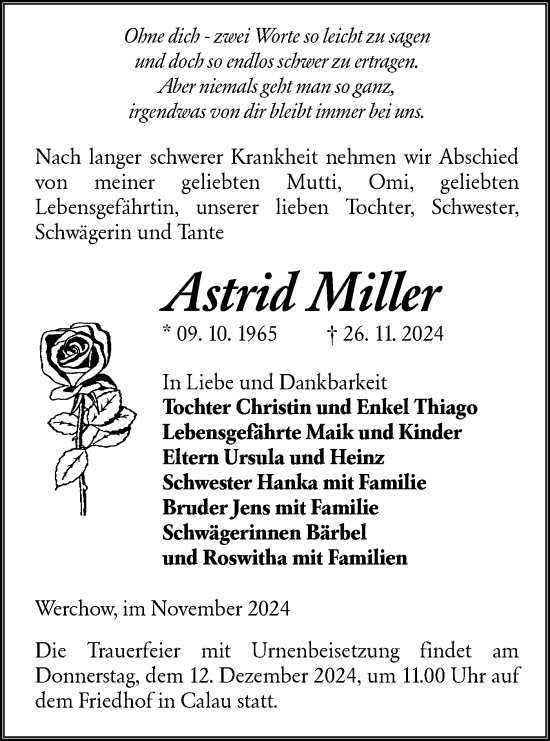 Traueranzeige von Astrid Miller von Lausitzer Rundschau