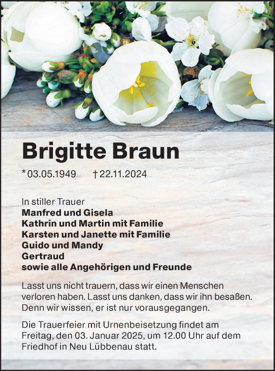 Traueranzeige von Brigitte Braun von Lausitzer Rundschau