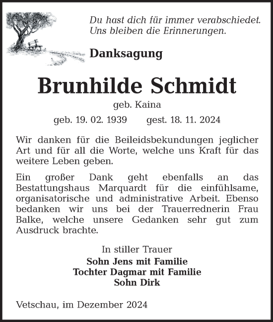 Traueranzeige von Brunhilde Schmidt von Lausitzer Rundschau