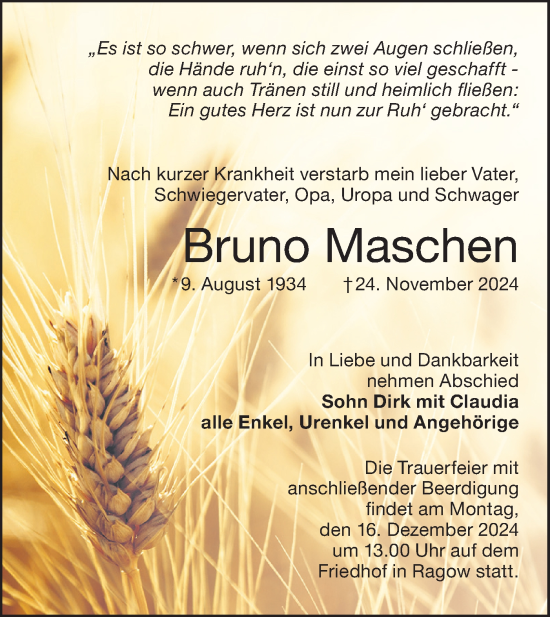 Traueranzeige von Bruno Maschen von Lausitzer Rundschau