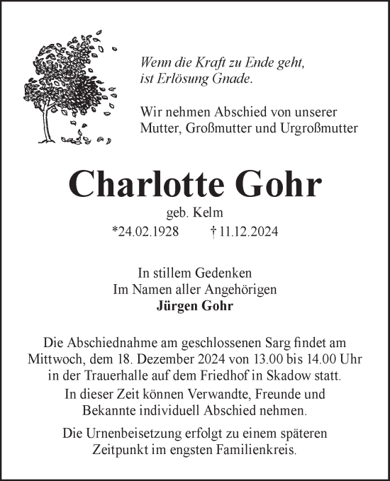 Traueranzeige von Charlotte Gohr von Lausitzer Rundschau