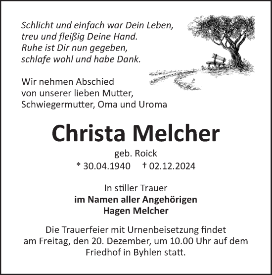 Traueranzeige von Christa Melcher von Lausitzer Rundschau