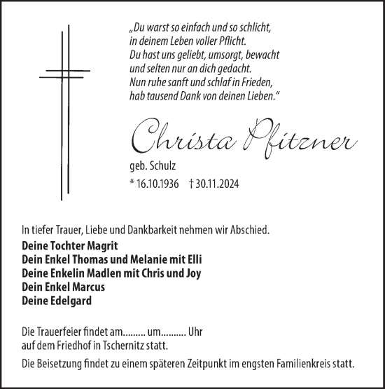 Traueranzeige von Christa Pfitzner von Lausitzer Rundschau