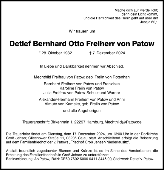 Traueranzeige von Detlef Bernhard Otto Freiherr von Patow von Lausitzer Rundschau