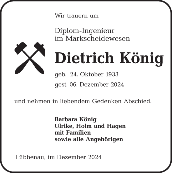 Traueranzeige von Dietrich König von Lausitzer Rundschau