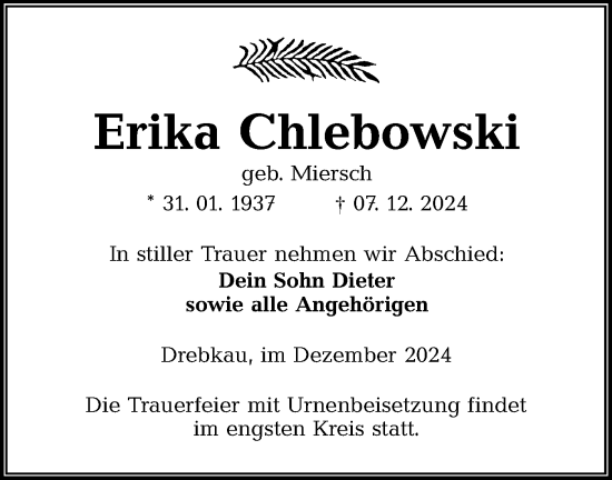 Traueranzeige von Erika Chlebowski von Lausitzer Rundschau