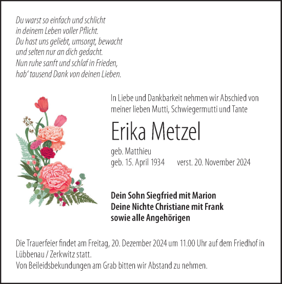 Traueranzeige von Erika Metzel von Lausitzer Rundschau