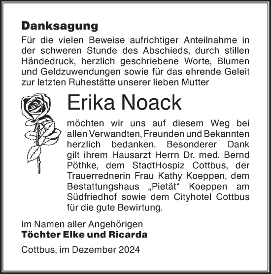 Traueranzeige von Erika Noack von Lausitzer Rundschau
