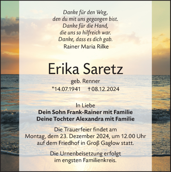 Traueranzeige von Erika Saretz von Lausitzer Rundschau