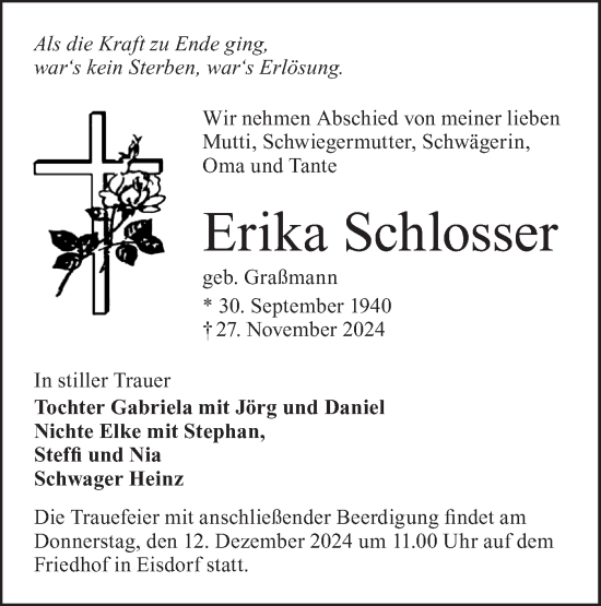 Traueranzeige von Erika Schlosser von Lausitzer Rundschau