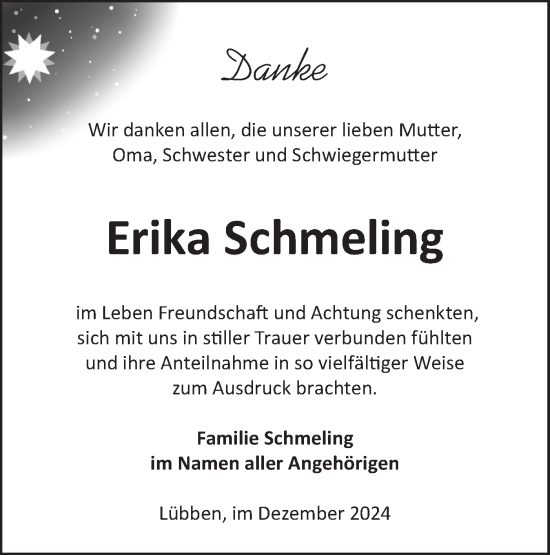 Traueranzeige von Erika Schmeling von Lausitzer Rundschau