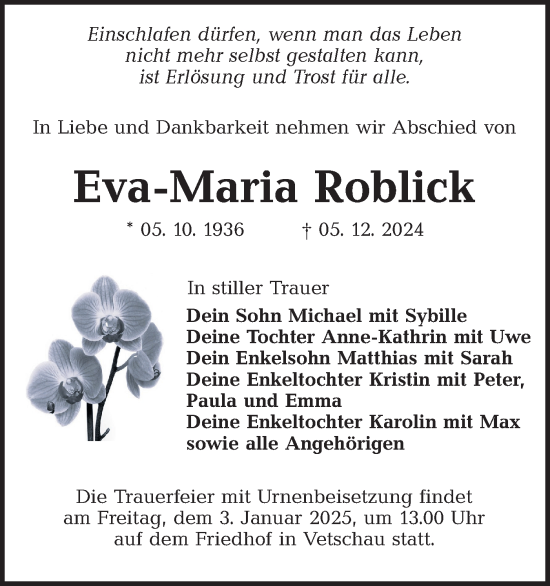 Traueranzeige von Eva-Maria Roblick von Lausitzer Rundschau