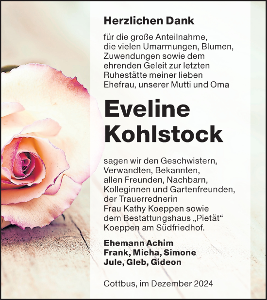 Traueranzeige von Eveline Kohlstock von Lausitzer Rundschau