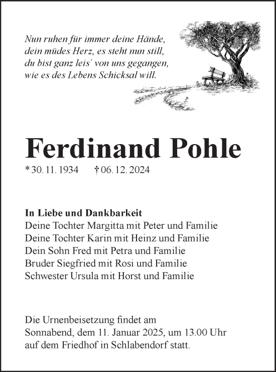 Traueranzeige von Ferdinand Pohle von Lausitzer Rundschau