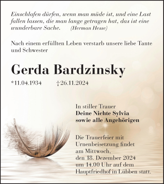 Traueranzeige von Gerda Bardzinsky von Lausitzer Rundschau