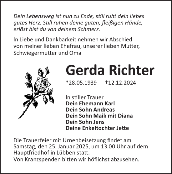 Traueranzeige von Gerda Richter von Lausitzer Rundschau