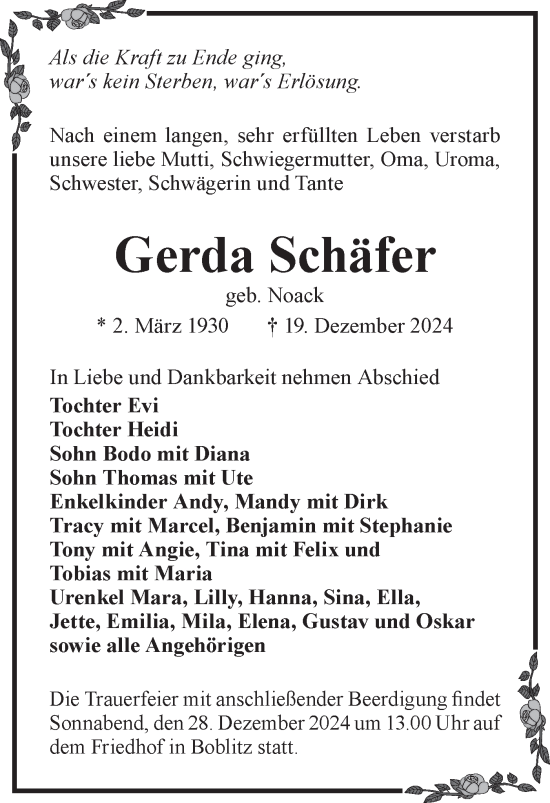 Traueranzeige von Gerda Schäfer von Lausitzer Rundschau