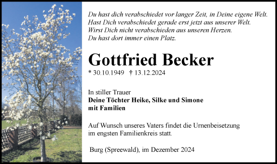 Traueranzeige von Gottfried Becker von Lausitzer Rundschau