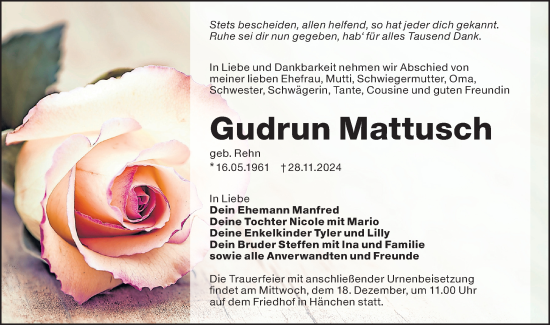 Traueranzeige von Gudrun Mattusch von Lausitzer Rundschau