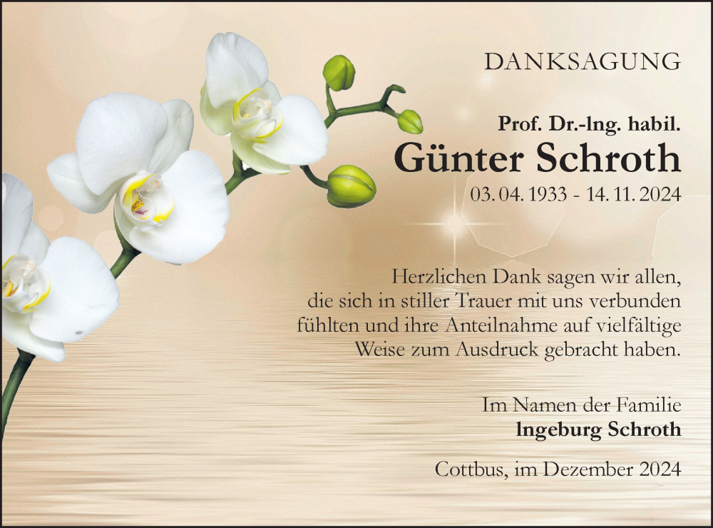  Traueranzeige für Günter Schroth vom 14.12.2024 aus Lausitzer Rundschau