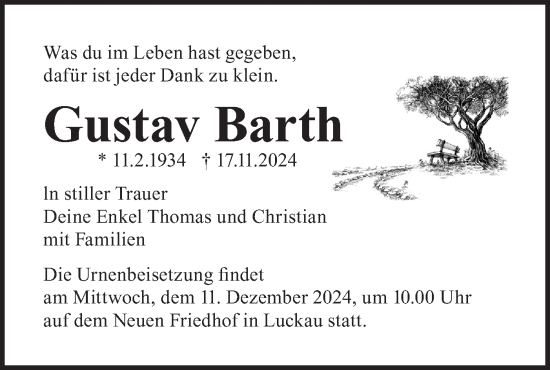 Traueranzeige von Gustav Barth von Lausitzer Rundschau