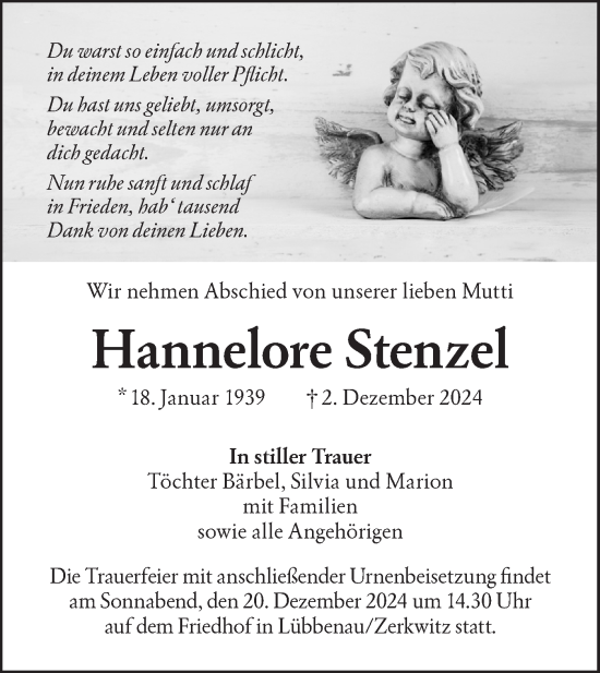 Traueranzeige von Hannelore Stenzel von Lausitzer Rundschau