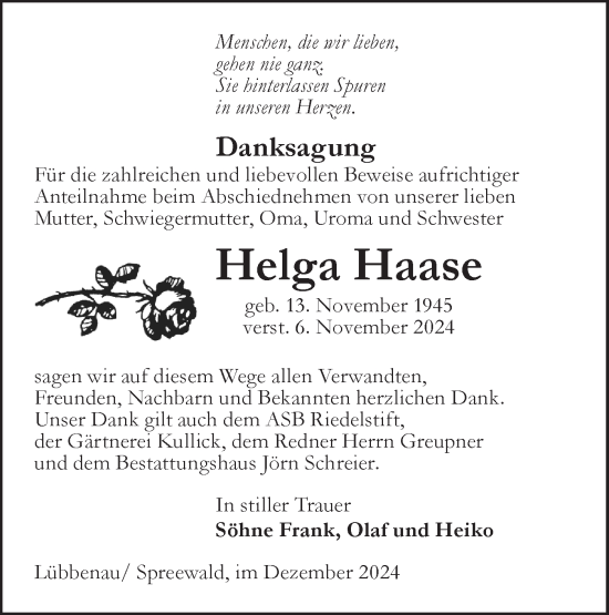 Traueranzeige von Helga Haase von Lausitzer Rundschau
